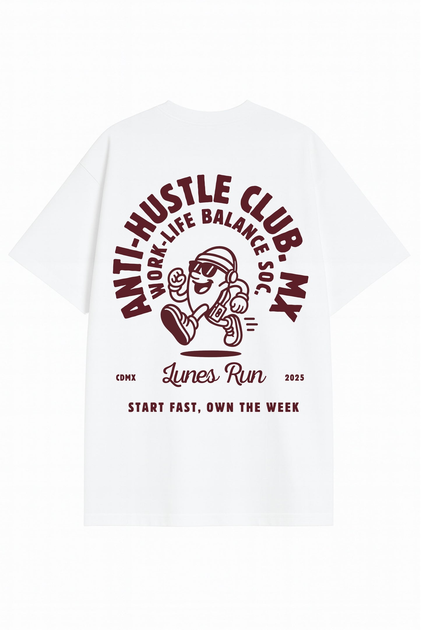 Playera oversize blanca Anti-Hustle DOPAMYN estampado deportivo Work Life Running Athletics