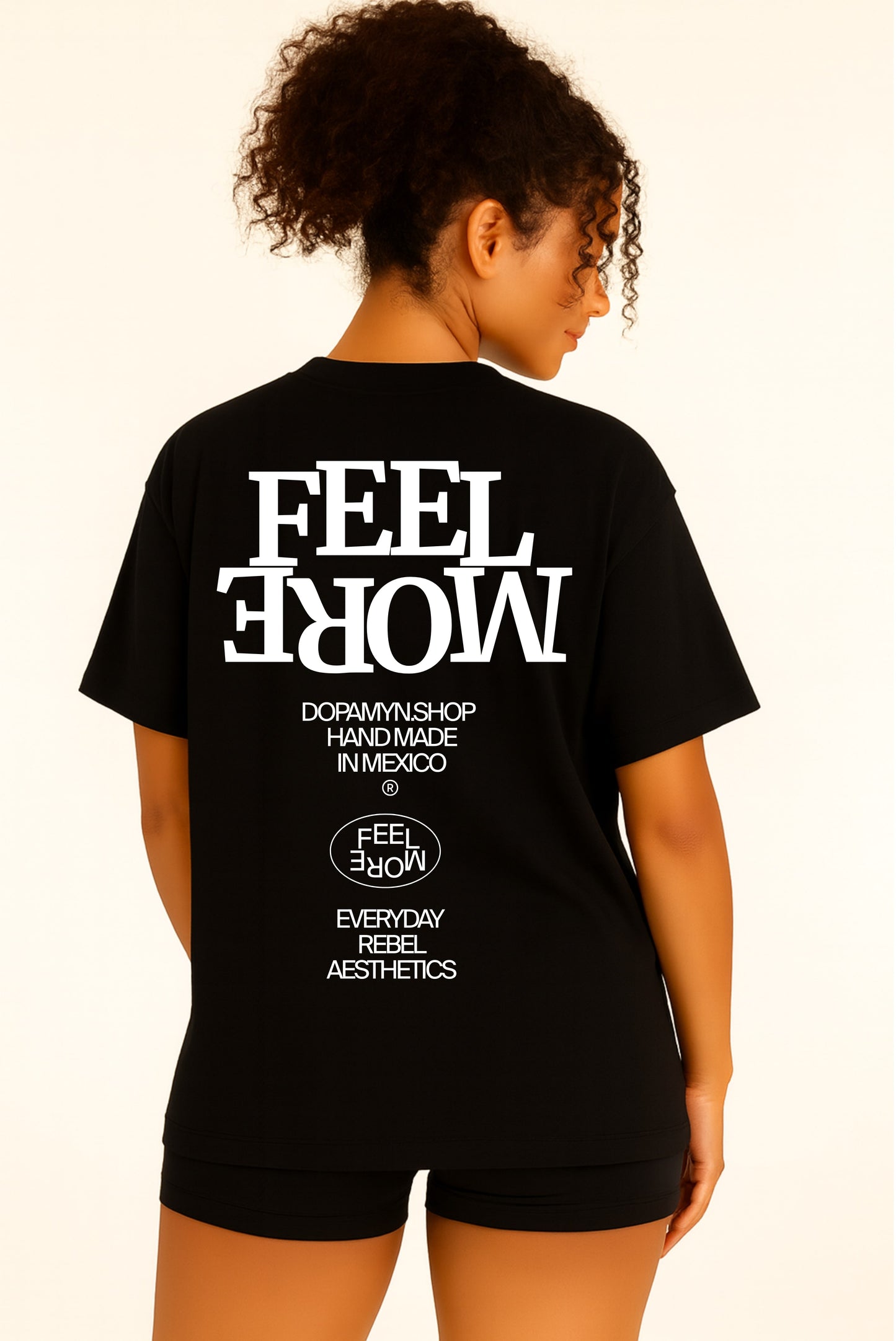 Playera negra oversize unisex con estampado Feel More DOPAMYN handmade