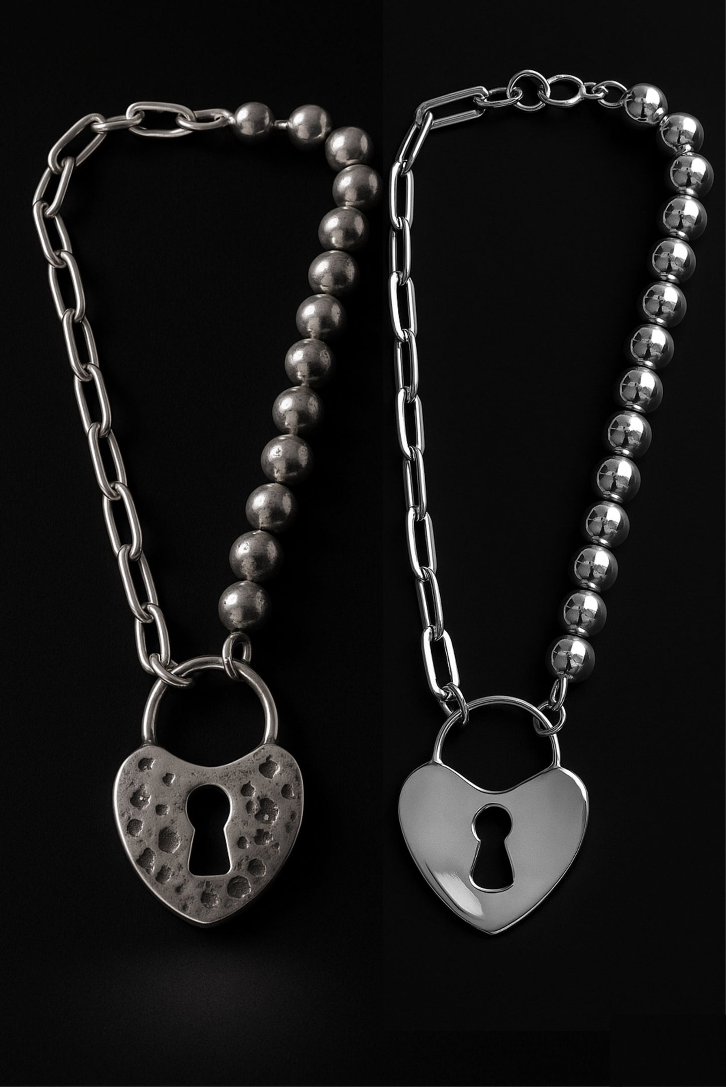 Pulsera LockHeart unisex con perlas y candado de corazón en plata esterlina, acabado martillado o pulido – Dopamyn