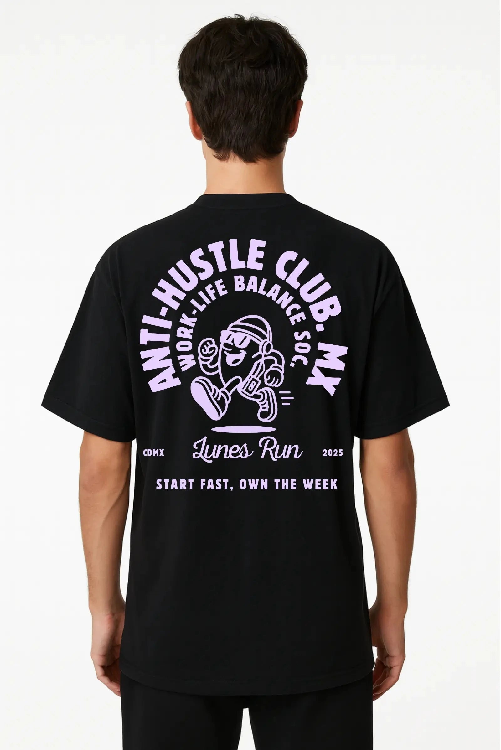 Playera negra oversize unisex Anti-Hustle Dopamyn con diseño gráfico en espalda