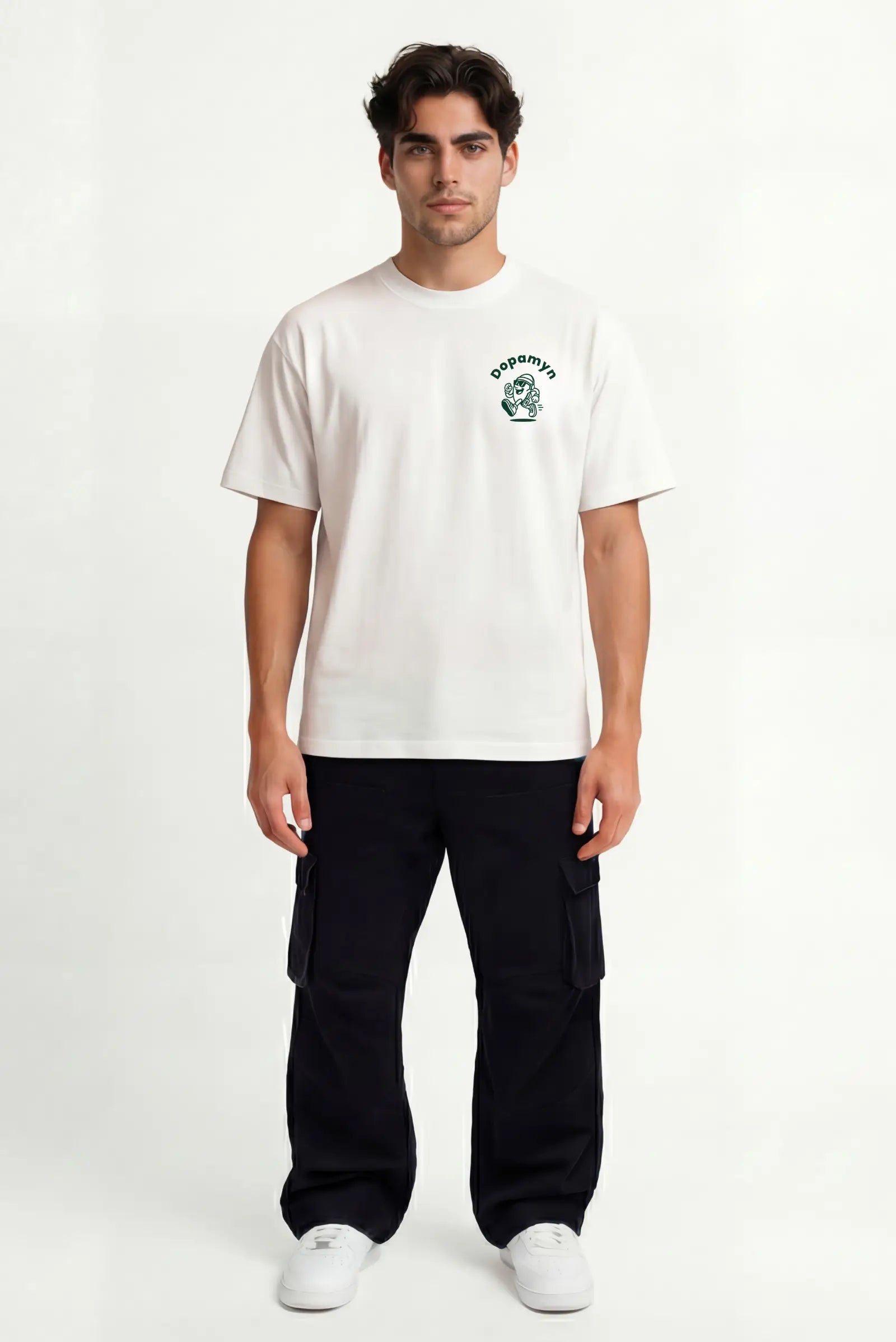 Playera Anti-Hustle Oversized Tee blanca unisex con estampado Dopamyn vista frontal