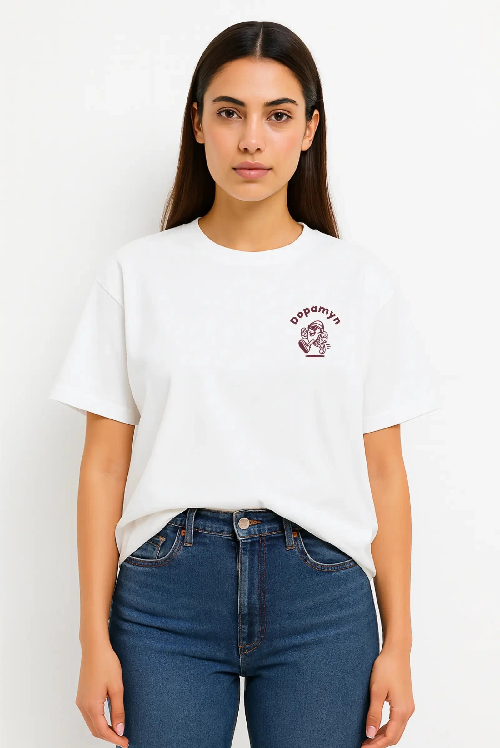 Playera Anti-Hustle Oversized Tee blanca unisex con estampado Dopamyn vista frontal