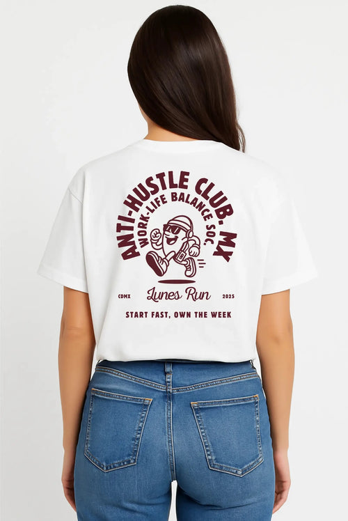Playera Anti-Hustle Oversized Tee blanca unisex con estampado Dopamyn vista frontal