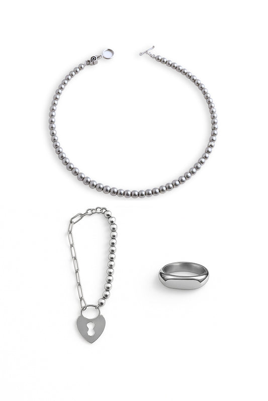 Collar Sphere de plata esterlina con diseño minimalista, pulsera unisex con candado en forma de corazón y anillo unisex en plata – DOPAMYN