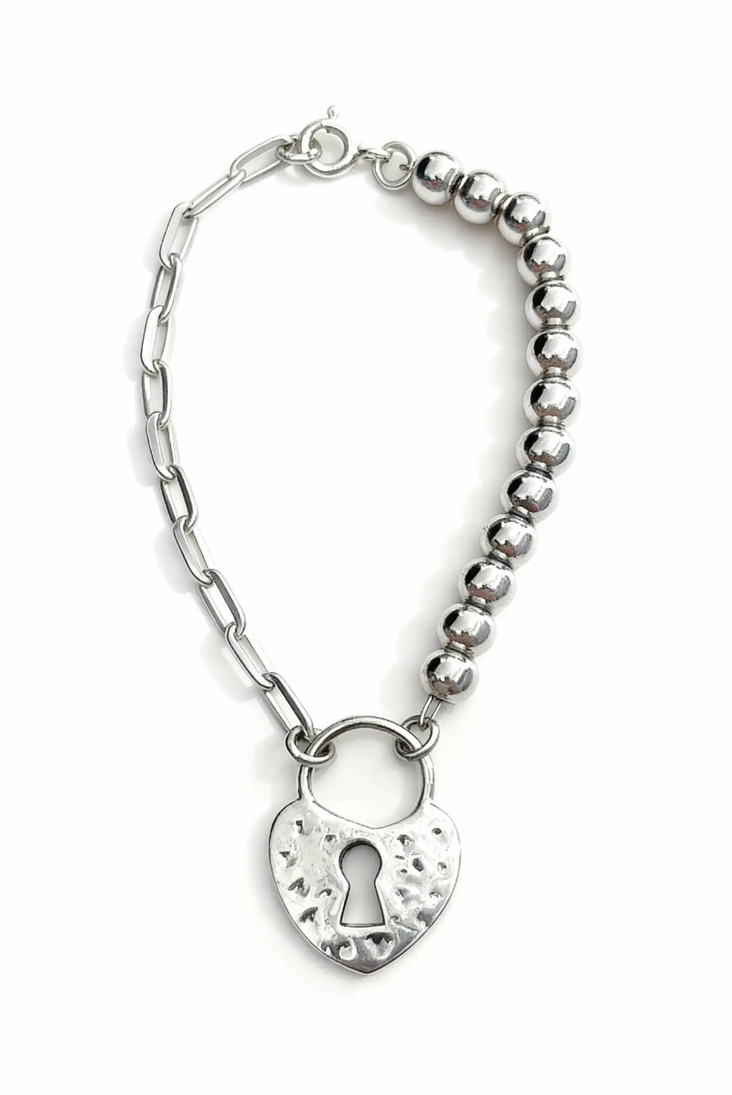 Pulsera LockHeart unisex con perlas, candado de corazón martillado en plata Dopamyn