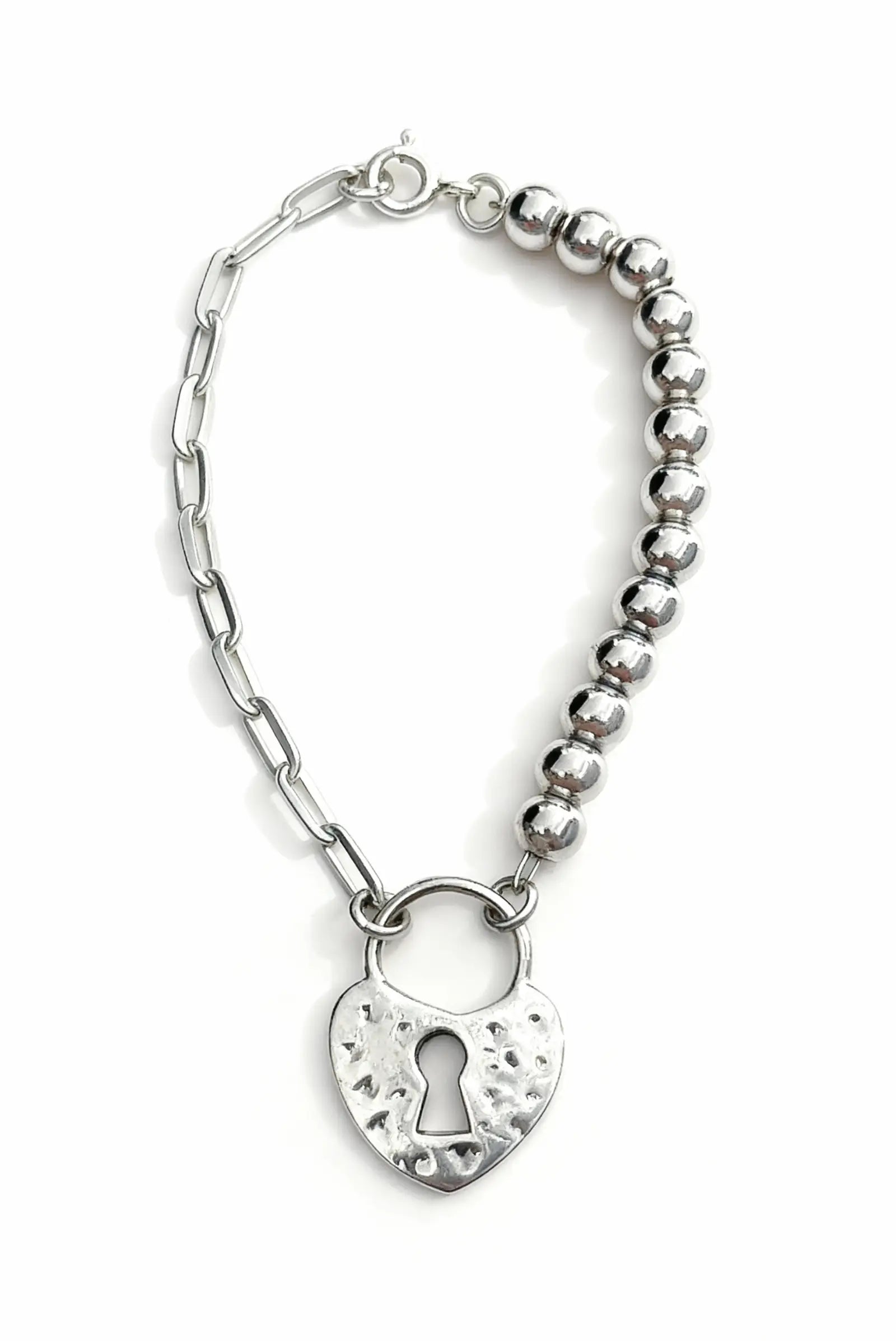 Pulsera LockHeart unisex con perlas, candado de corazón martillado en plata Dopamyn