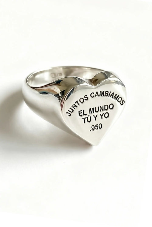 Anillo sello de corazón en plata esterlina con grabado romántico Juntos cambiamos el mundo tú y yo. Valor sentimental Dopamyn