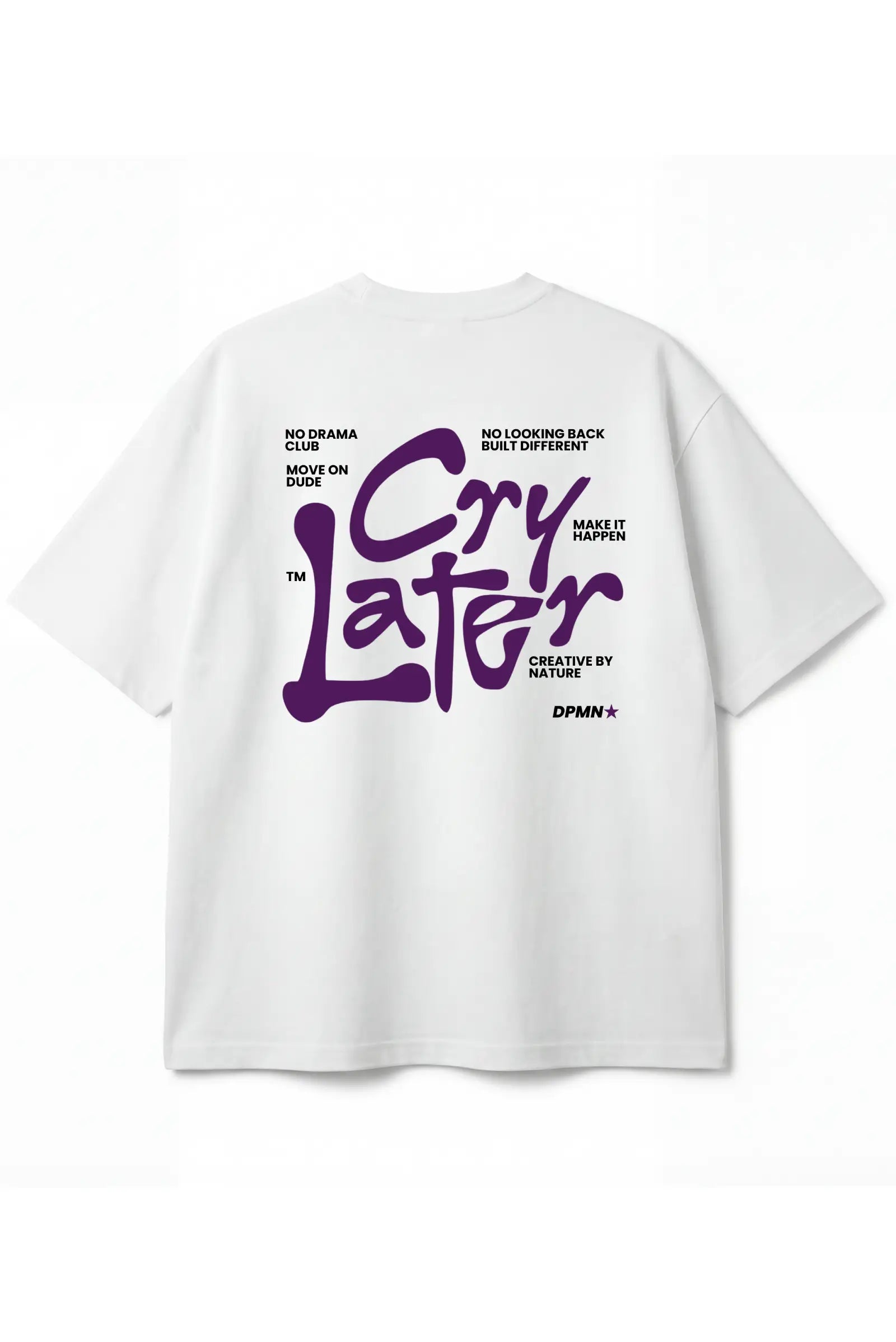 Playera Cry Later DPMN morada blanca oversize estampado graffiti No Drama Club logo sol morado frente streetwear