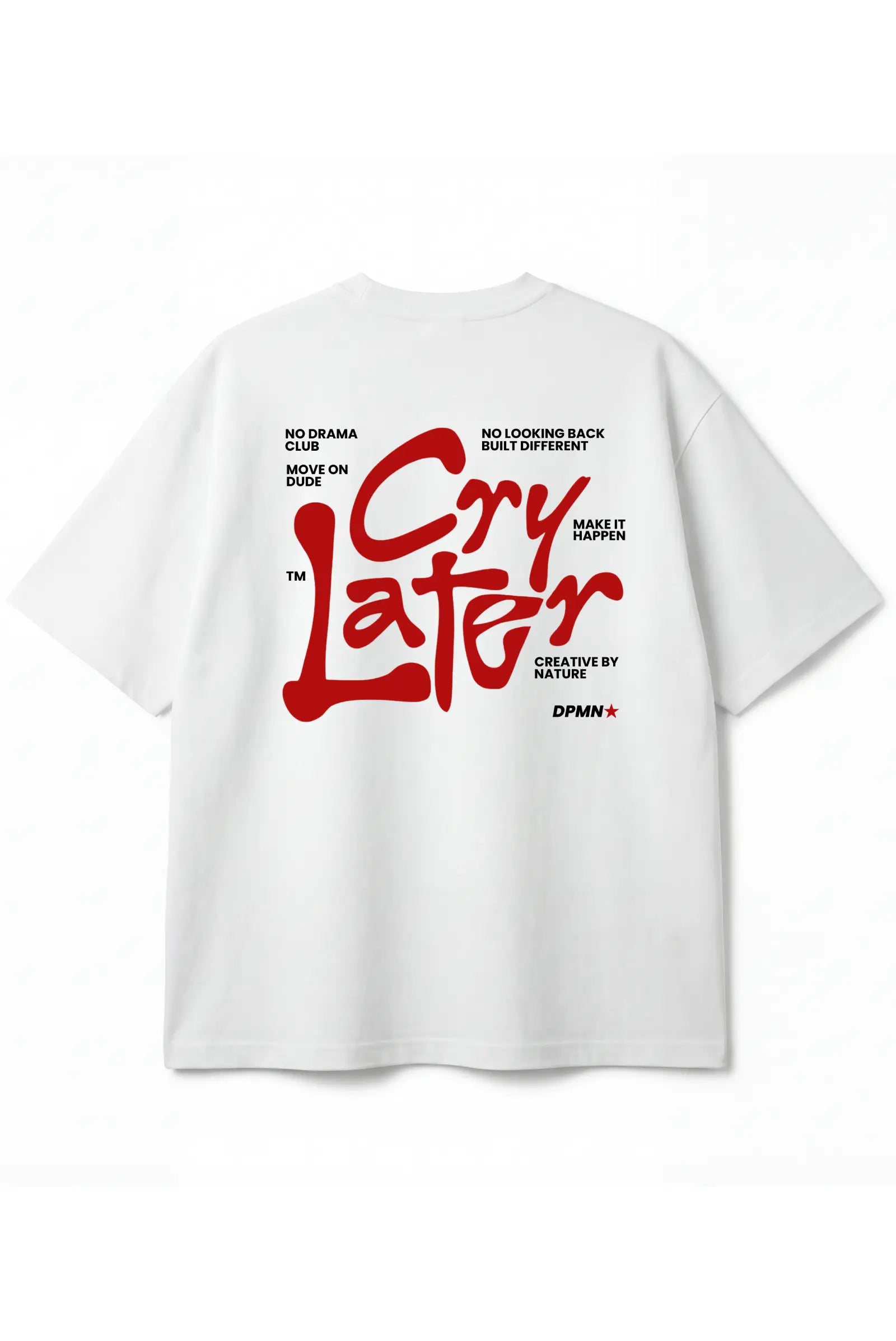 Playera Cry Later DPMN roja blanca oversize estampado graffiti No Drama Club logo sol rojo frente streetwear