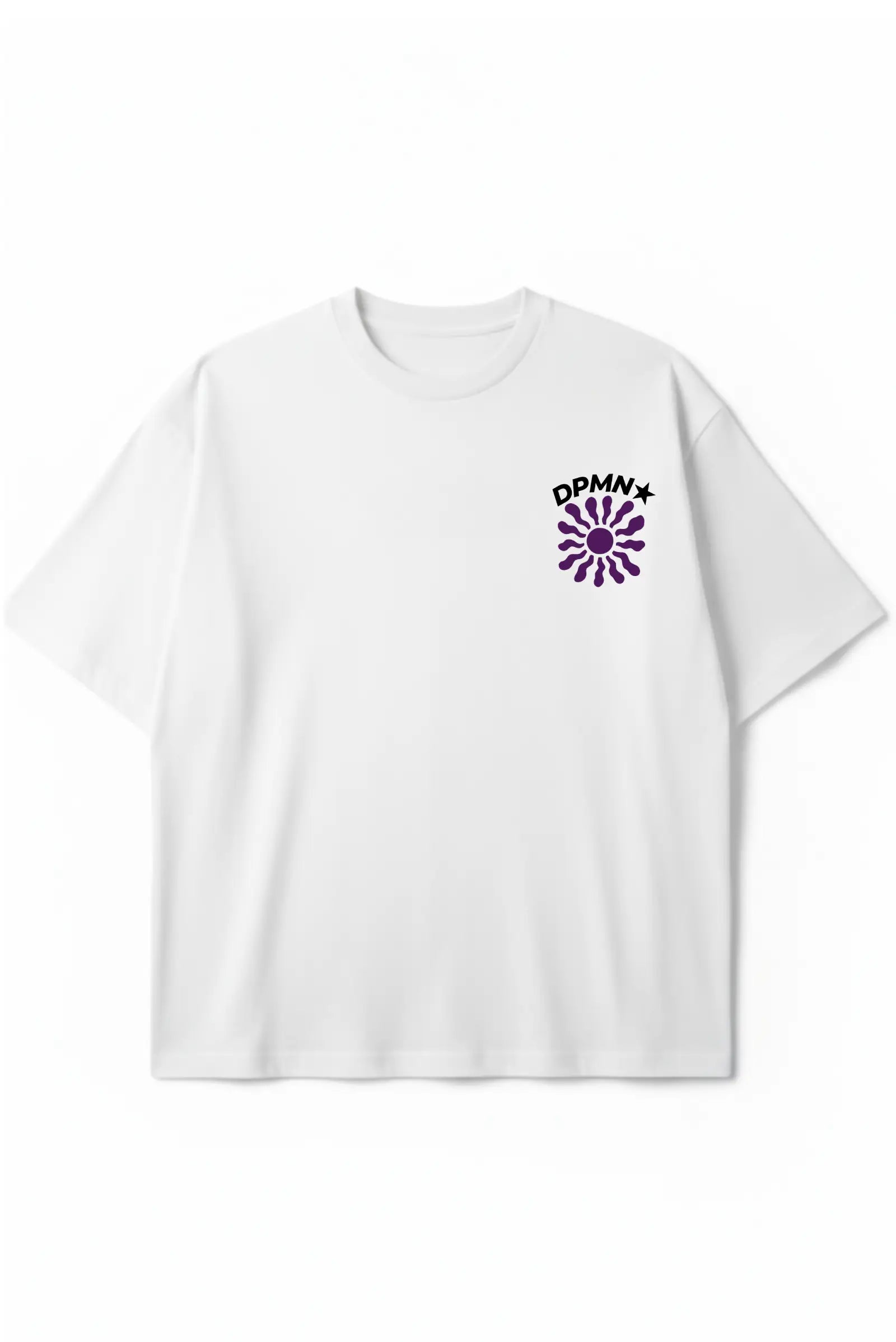 Playera Cry Later DPMN morada blanca oversize estampado graffiti No Drama Club logo sol morado frente streetwear