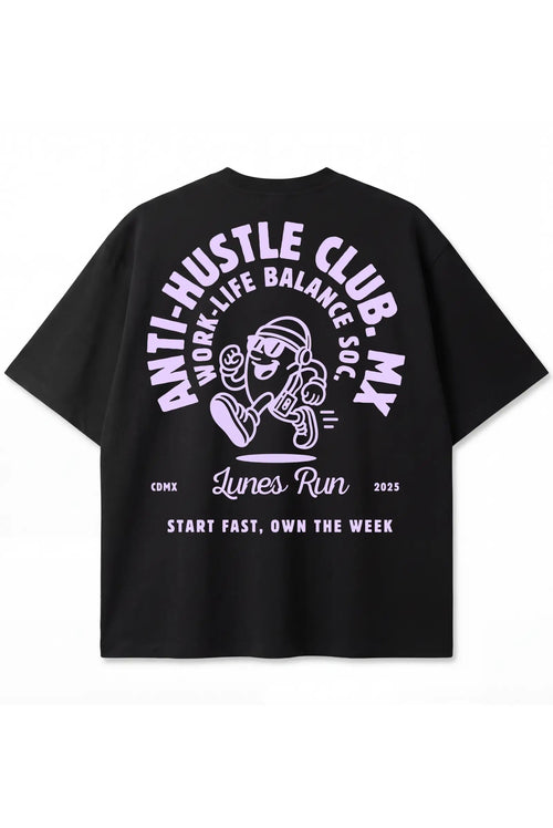 Playera negra oversize unisex Anti-Hustle Dopamyn con diseño gráfico en espalda
