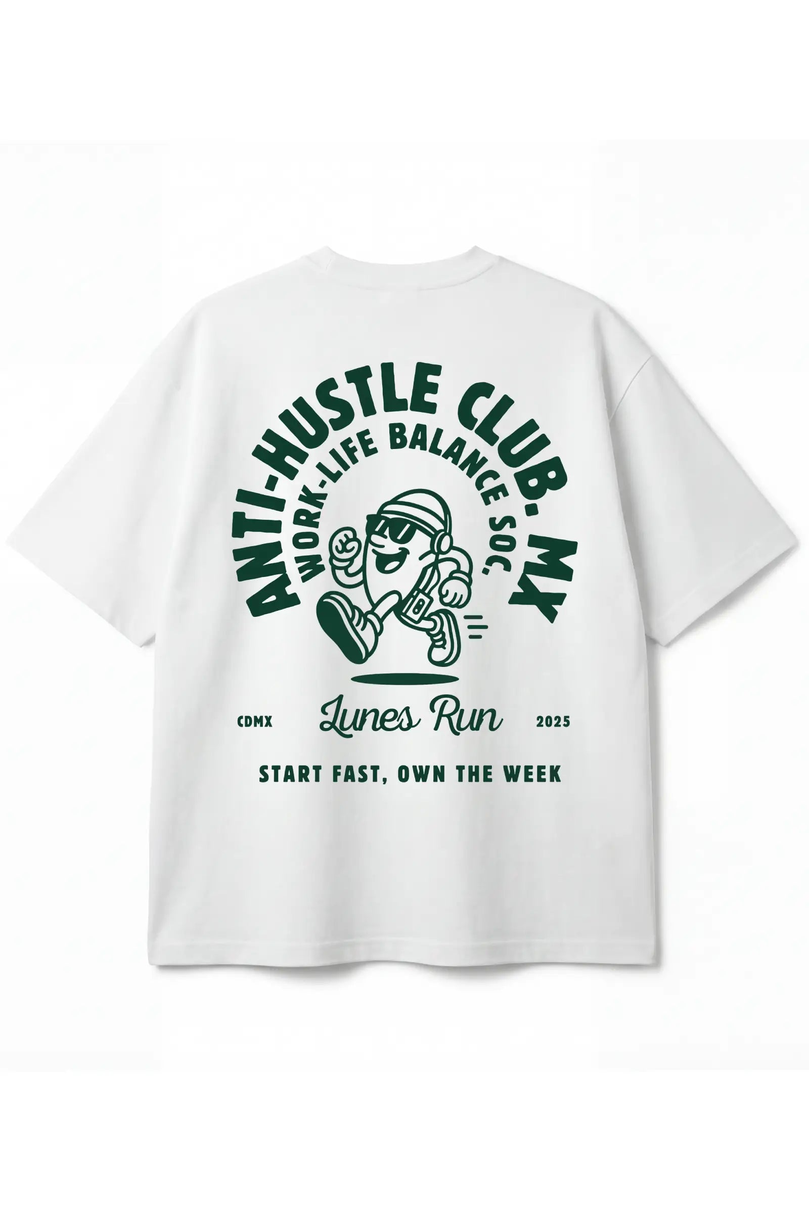 Playera Anti-Hustle Oversized Tee blanca unisex con estampado Dopamyn vista frontal