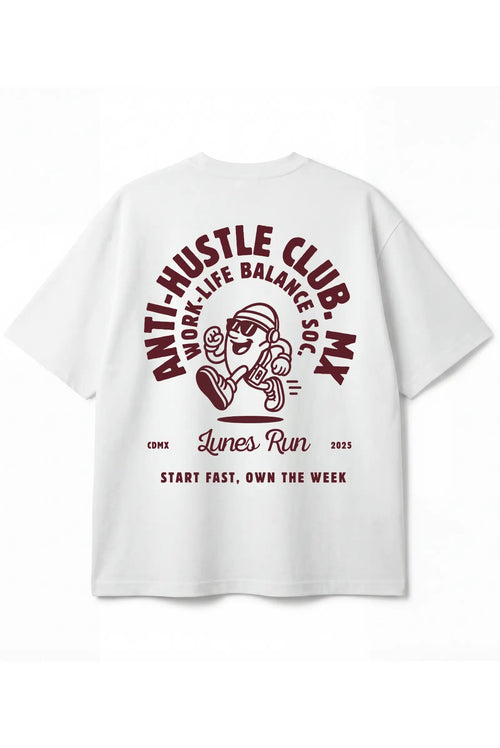 Playera Anti-Hustle Oversized Tee blanca unisex con estampado Dopamyn vista frontal