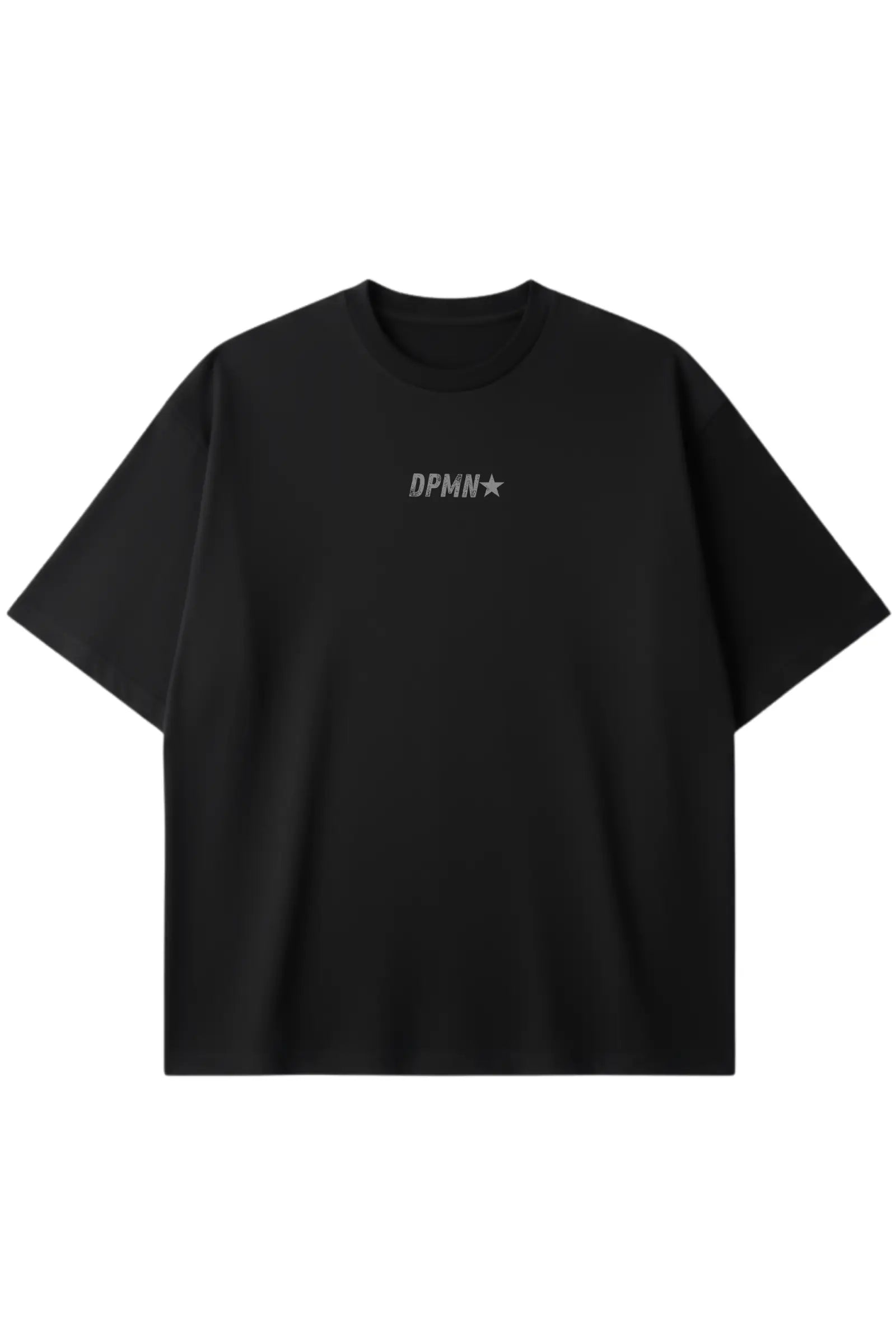 Playera DPMN oversized tee negra logo DPMN estrella frontal streetwear unisex