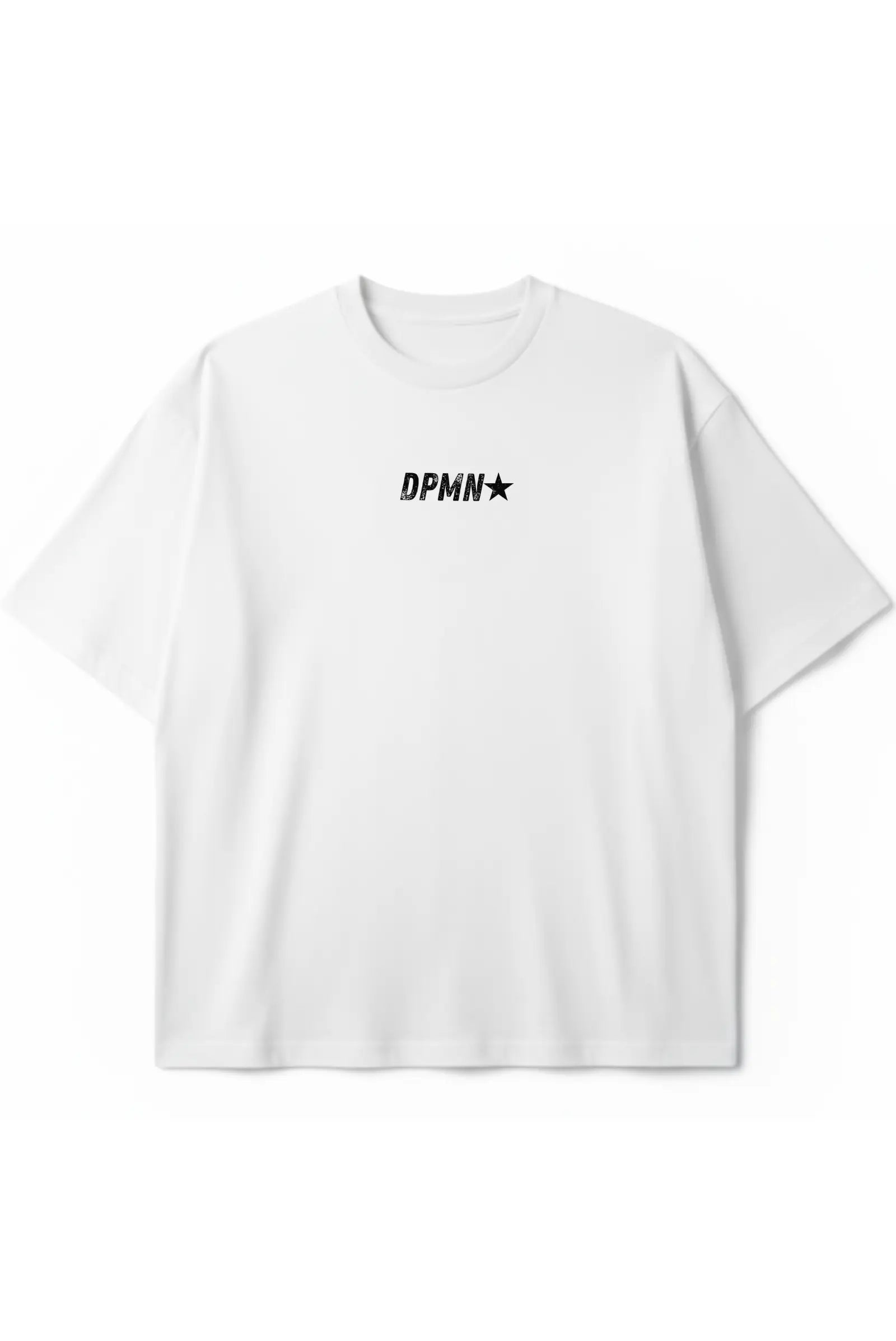 Playera DPMN oversized tee blanca logo DPMN estrella frontal streetwear unisex