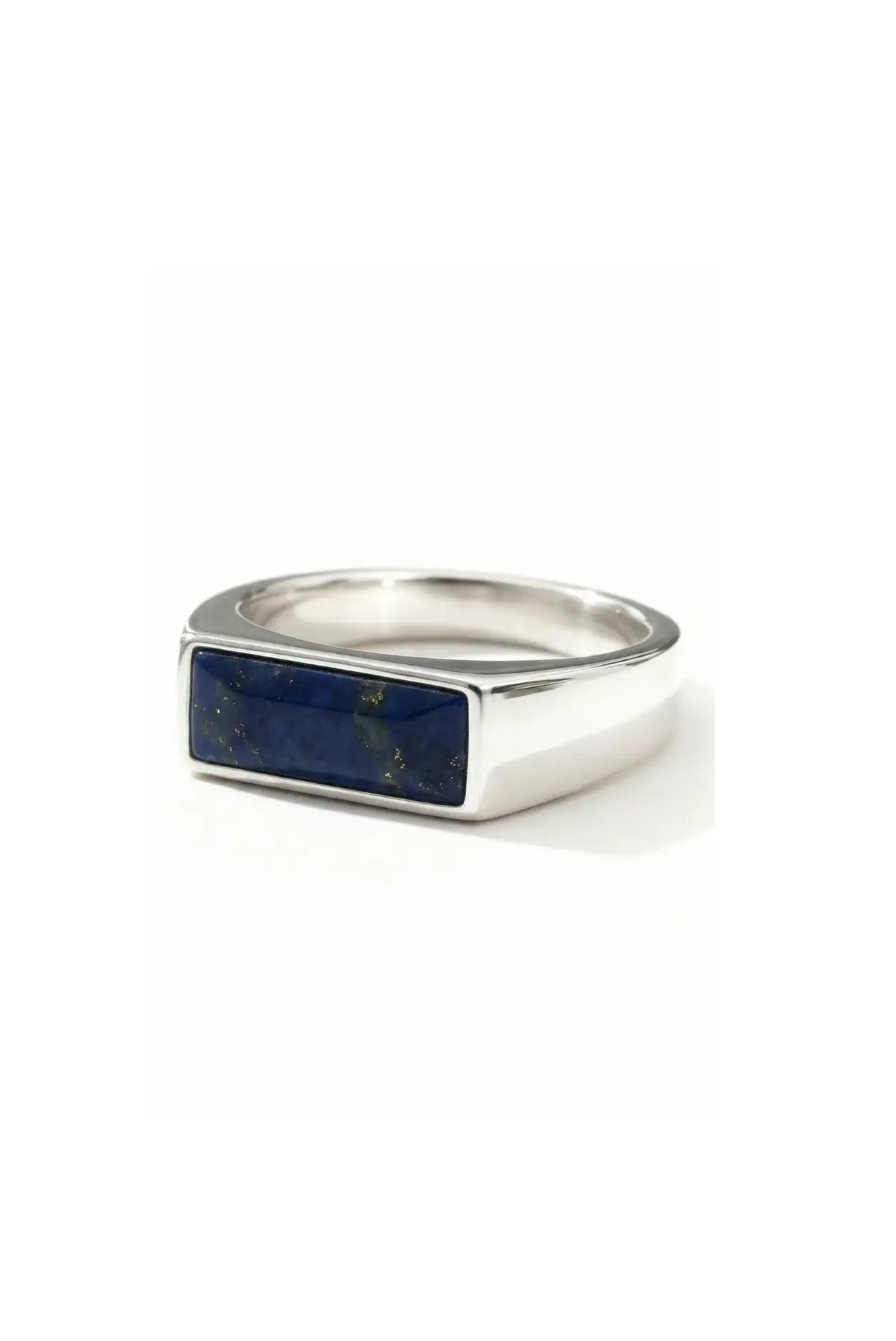 Anillo Rectangular en plata .950 diseño geométrico moderno unisex con piedra natural lapislázuli DOPAMYN