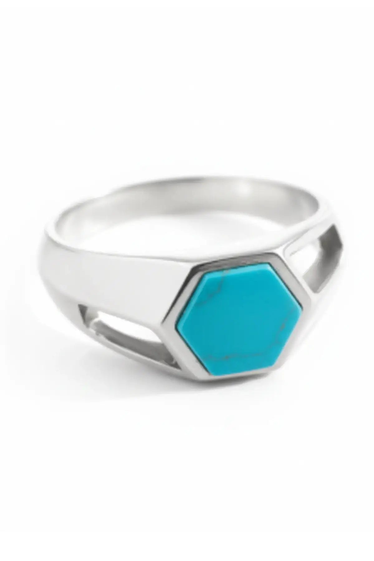 Anillo Nexus en plata .950 diseño hexagonal joya artesanal estilo moderno minimalista y unisex con piedra natural turquesa DOPAMYN