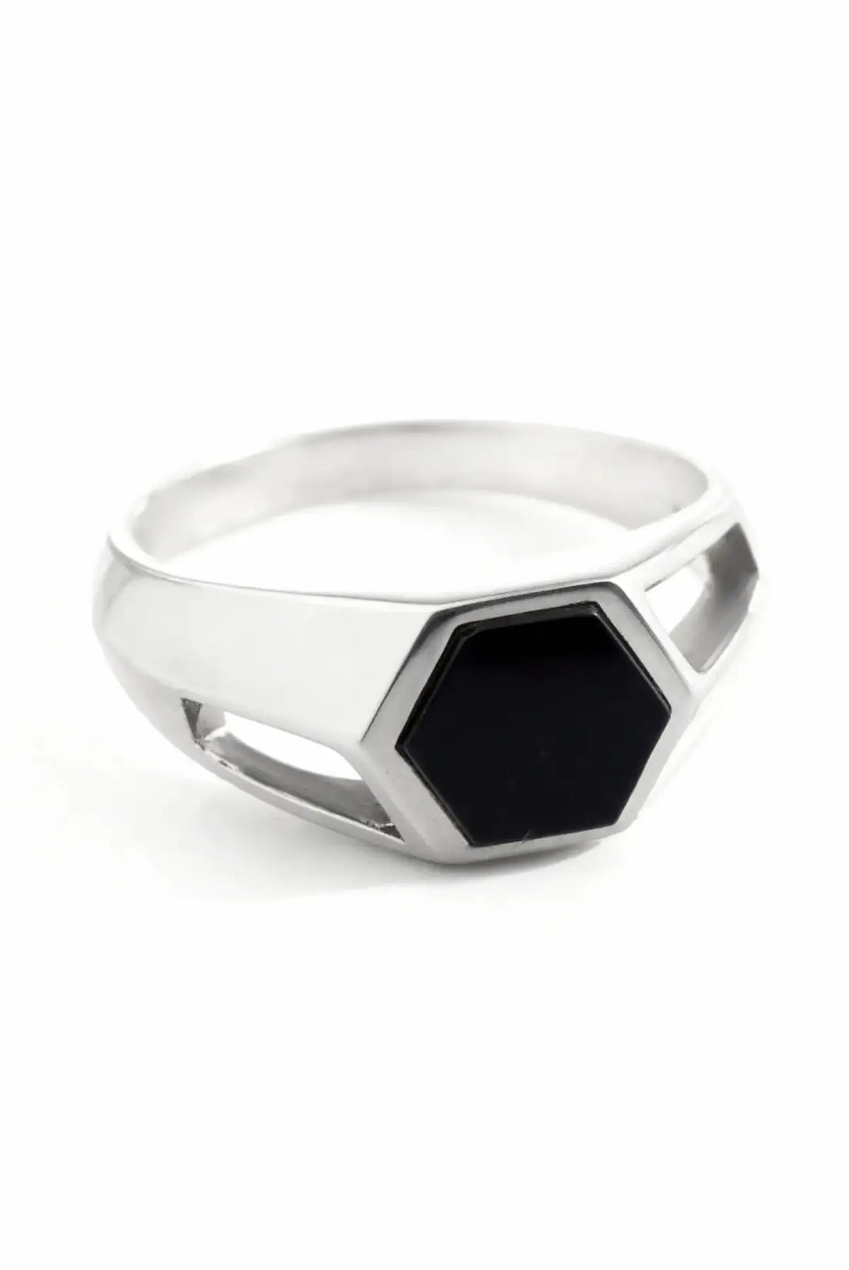 Anillo Nexus en plata .950 diseño hexagonal joya artesanal estilo moderno minimalista y unisex con piedra natural onix DOPAMYN