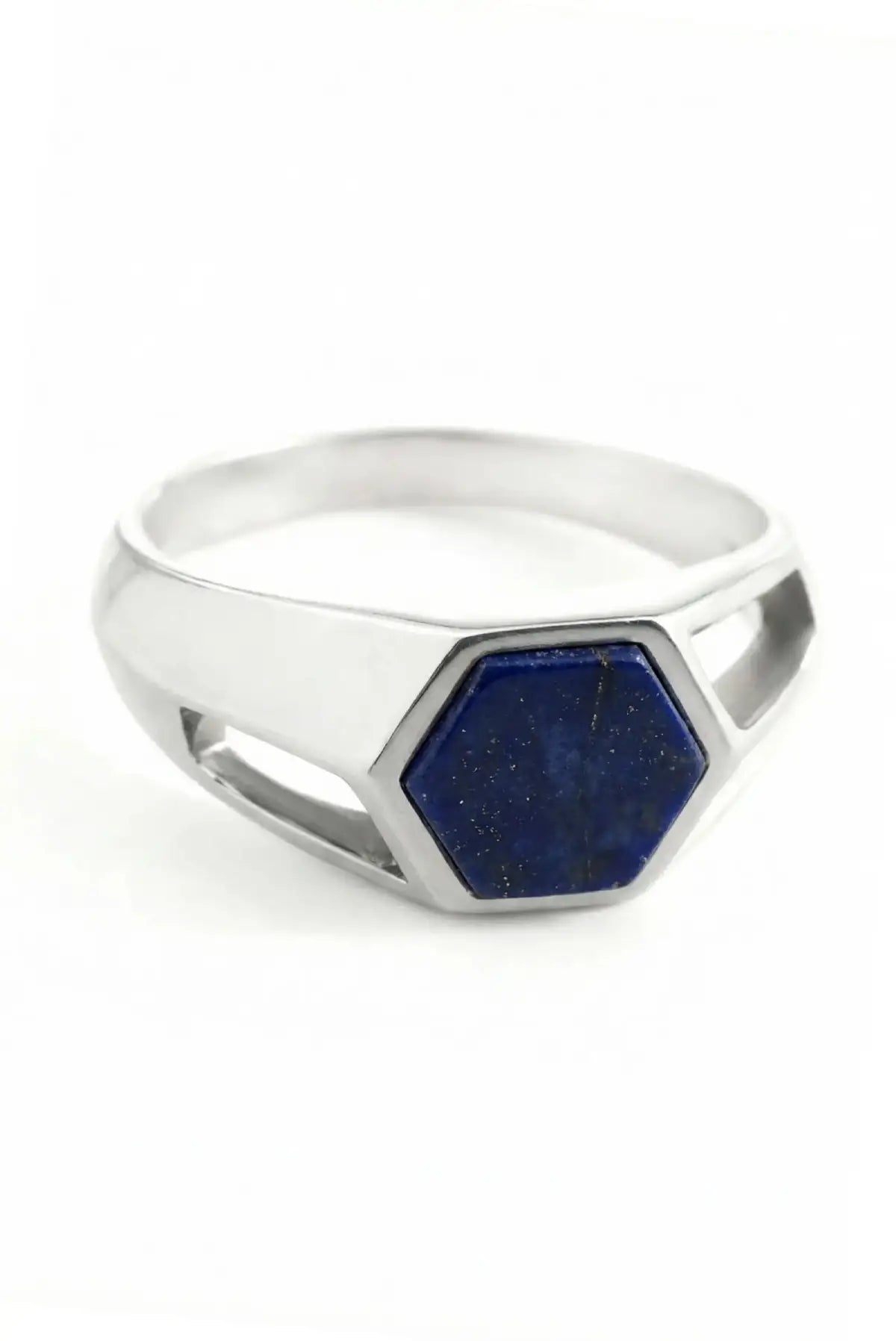 Anillo Nexus en plata .950 diseño hexagonal joya artesanal estilo moderno minimalista y unisex con piedra natural lapislázuli DOPAMYN