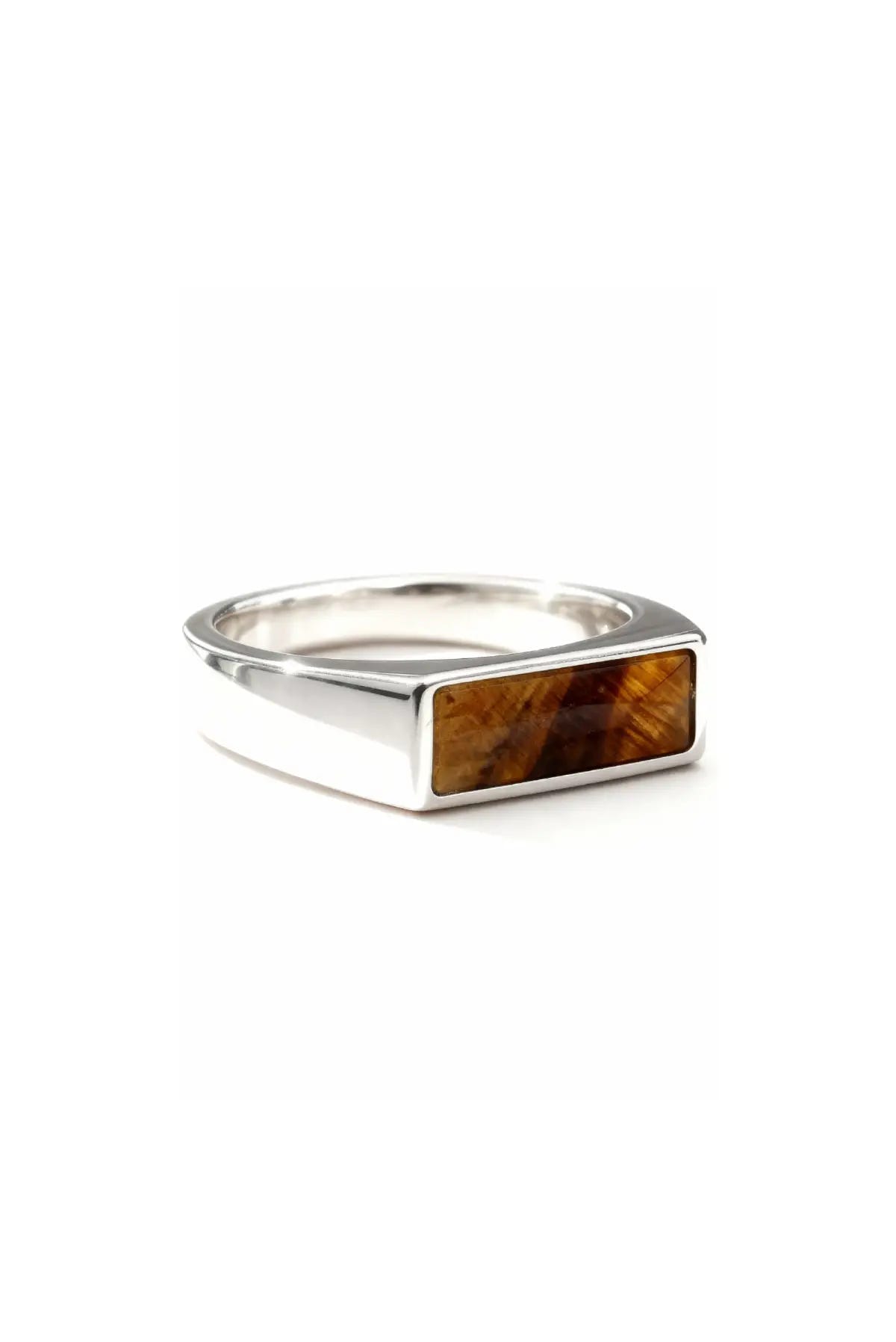 Anillo Rectangular en plata .950 diseño geométrico moderno unisex con piedra natural ojo de tigre DOPAMYN