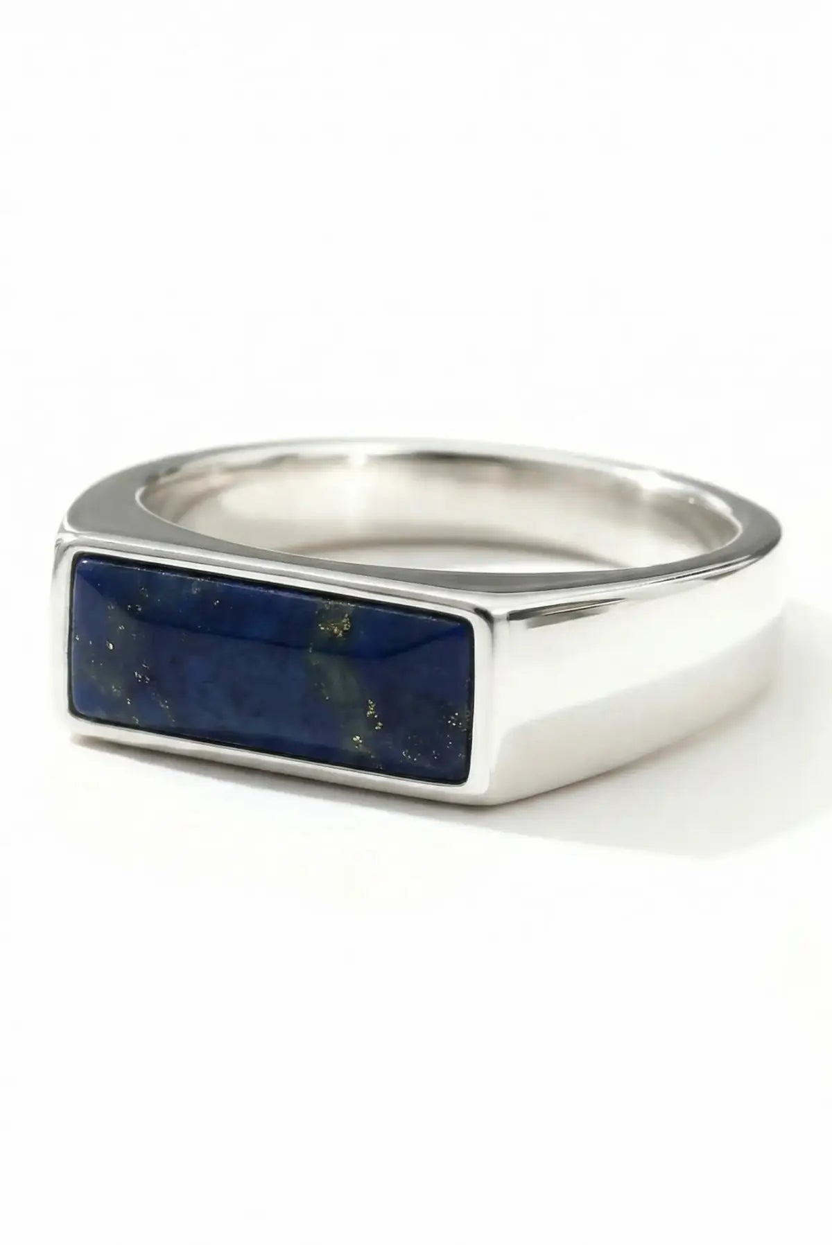 Anillo Rectangular en plata .950 diseño geométrico moderno unisex con piedra natural lapislázuli DOPAMYN