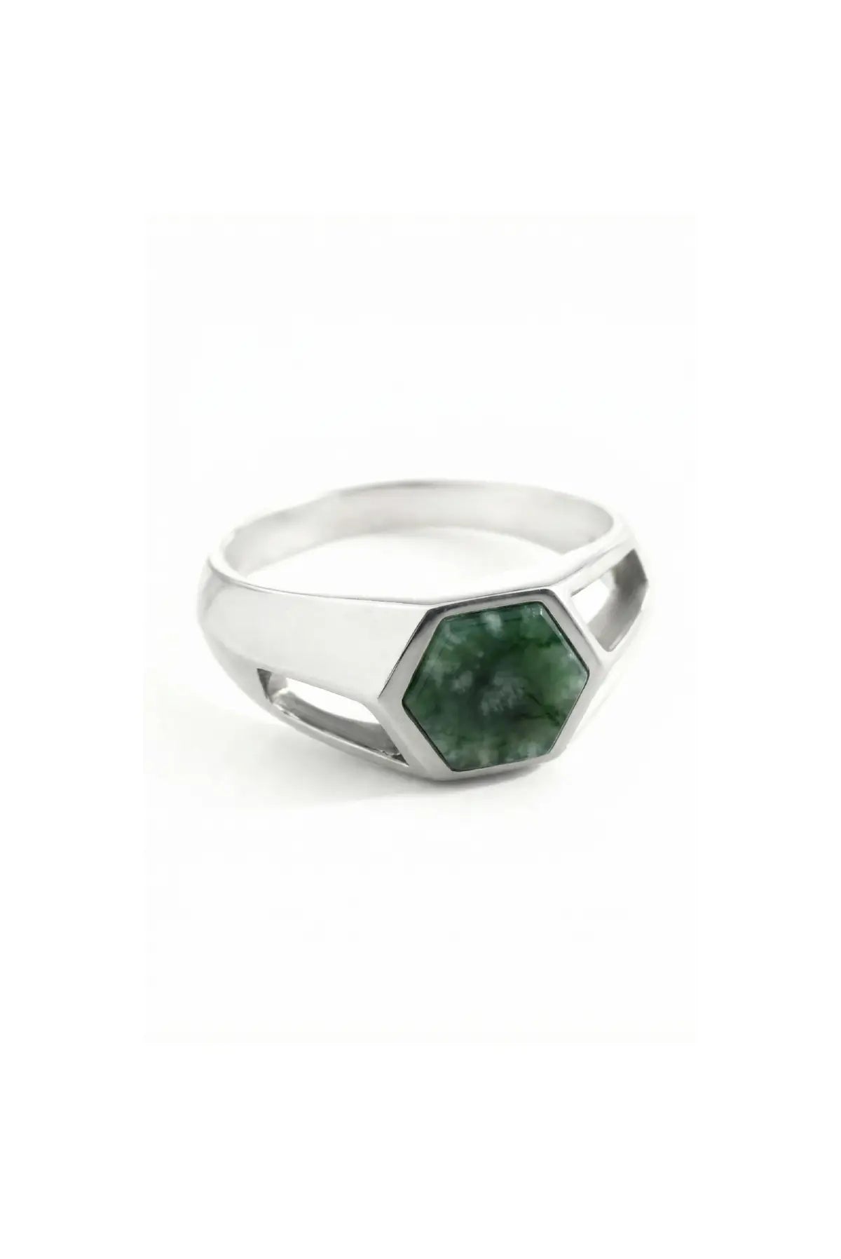 Anillo Nexus en plata .950 diseño hexagonal joya artesanal estilo moderno minimalista y unisex con piedra natural jade DOPAMYN