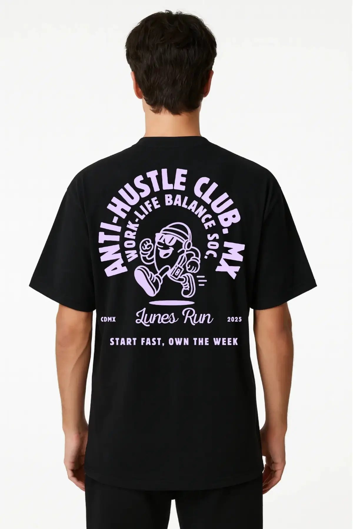 Playera negra oversize unisex Anti-Hustle Dopamyn con diseño gráfico en espalda