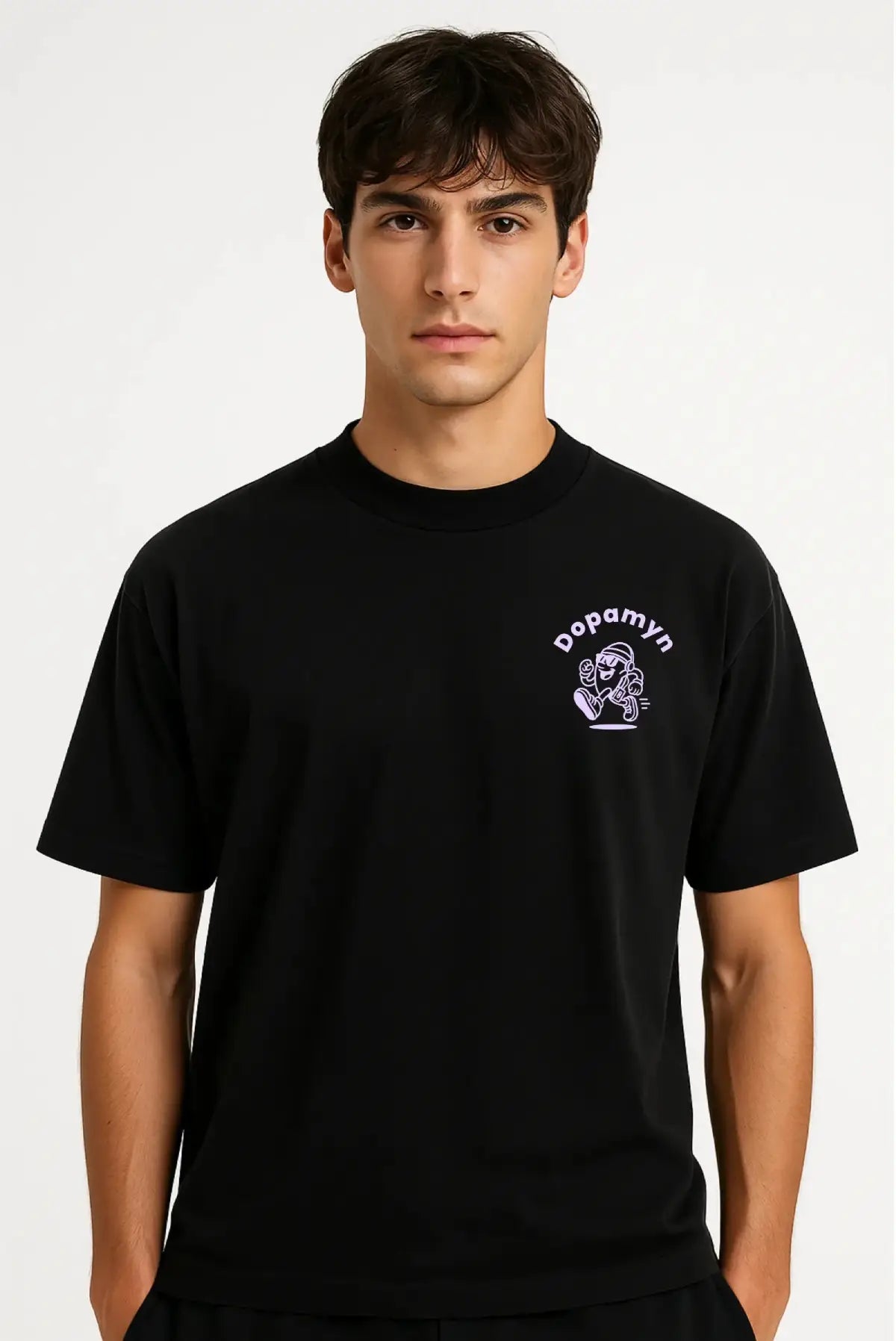 Playera negra oversize unisex Anti-Hustle Dopamyn con diseño gráfico en espalda