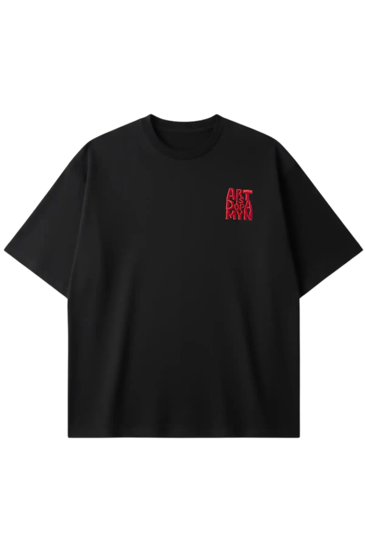 Playera negra oversized unisex Dopamyn con bordado frontal ART IS DOPAMYN