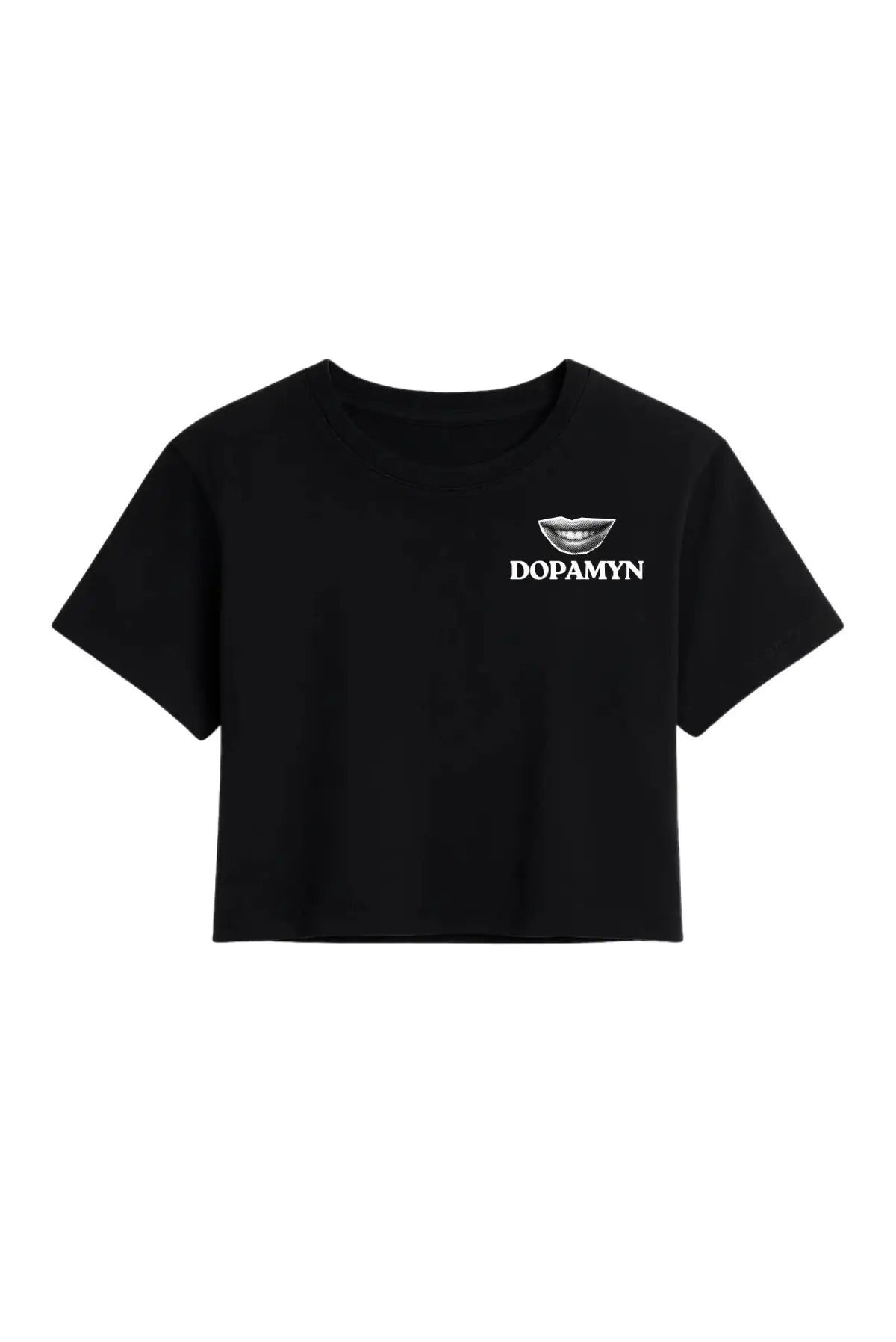 Crop top negro para mujer de algodón premium con diseño gráfico rebel atrás.