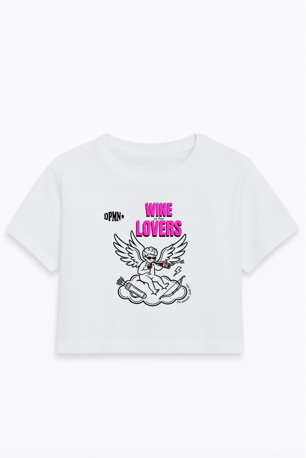 Crop Top Wine Is For Lovers blanco con estampado de querubín y texto Wine Lovers DOPAMYN