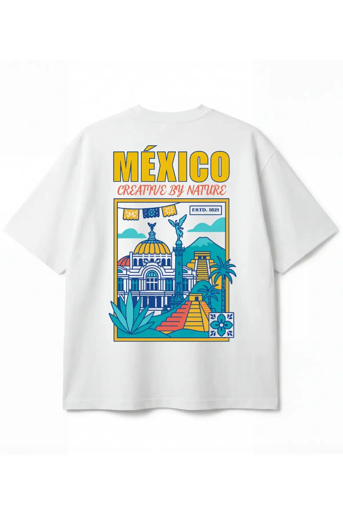 Playera blanca unisex de corte oversized con estampado México DOPAMYN
