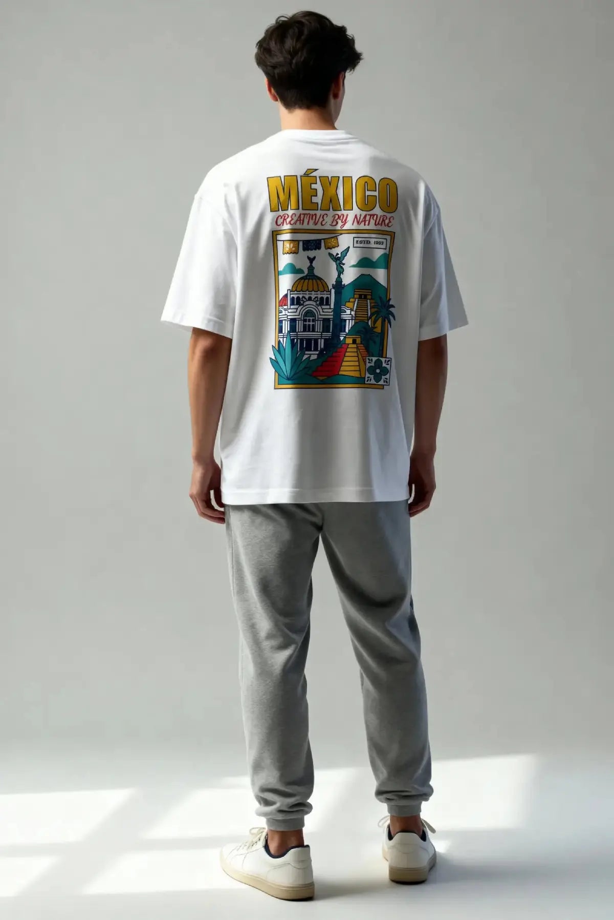 Playera blanca unisex de corte oversized con estampado México DOPAMYN