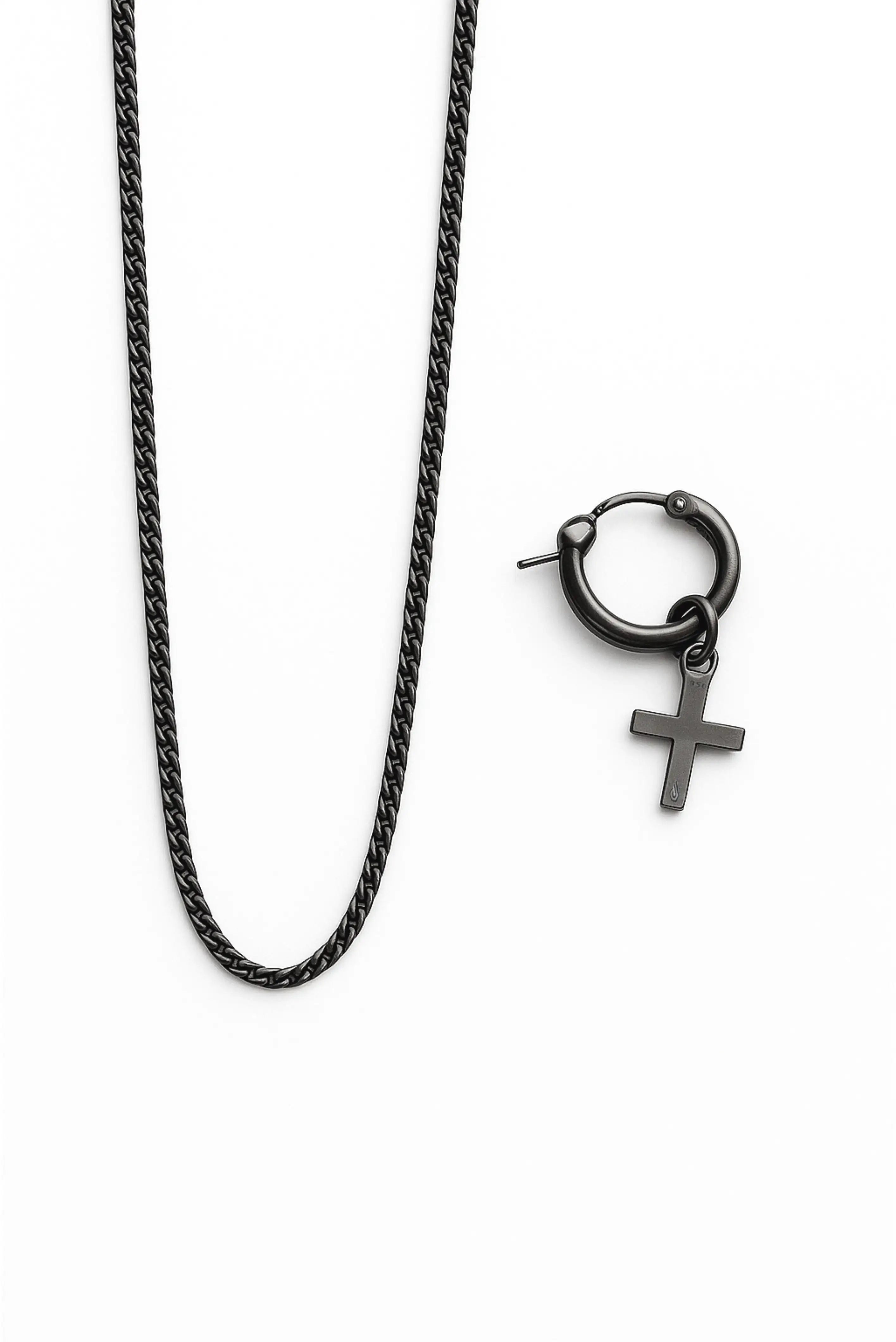 Set de cadena barbada y arete de cruz pavonada en plata esterlina – Dopamyn