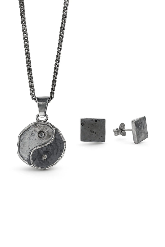 Set Ying Yang con cadena barbada y colgante Ying Yang en plata esterlina, más aretes cuadrados martillados Harmonia – DOPAMYN
