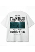 Playera blanca oversize unisex con estampado Train Hard Dopamyn