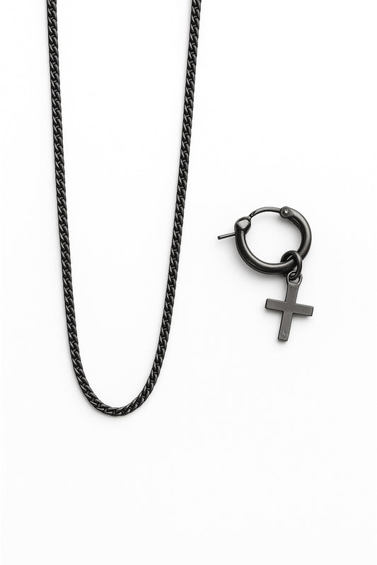 Set de cadena barbada y arete de cruz pavonada en plata esterlina – Dopamyn