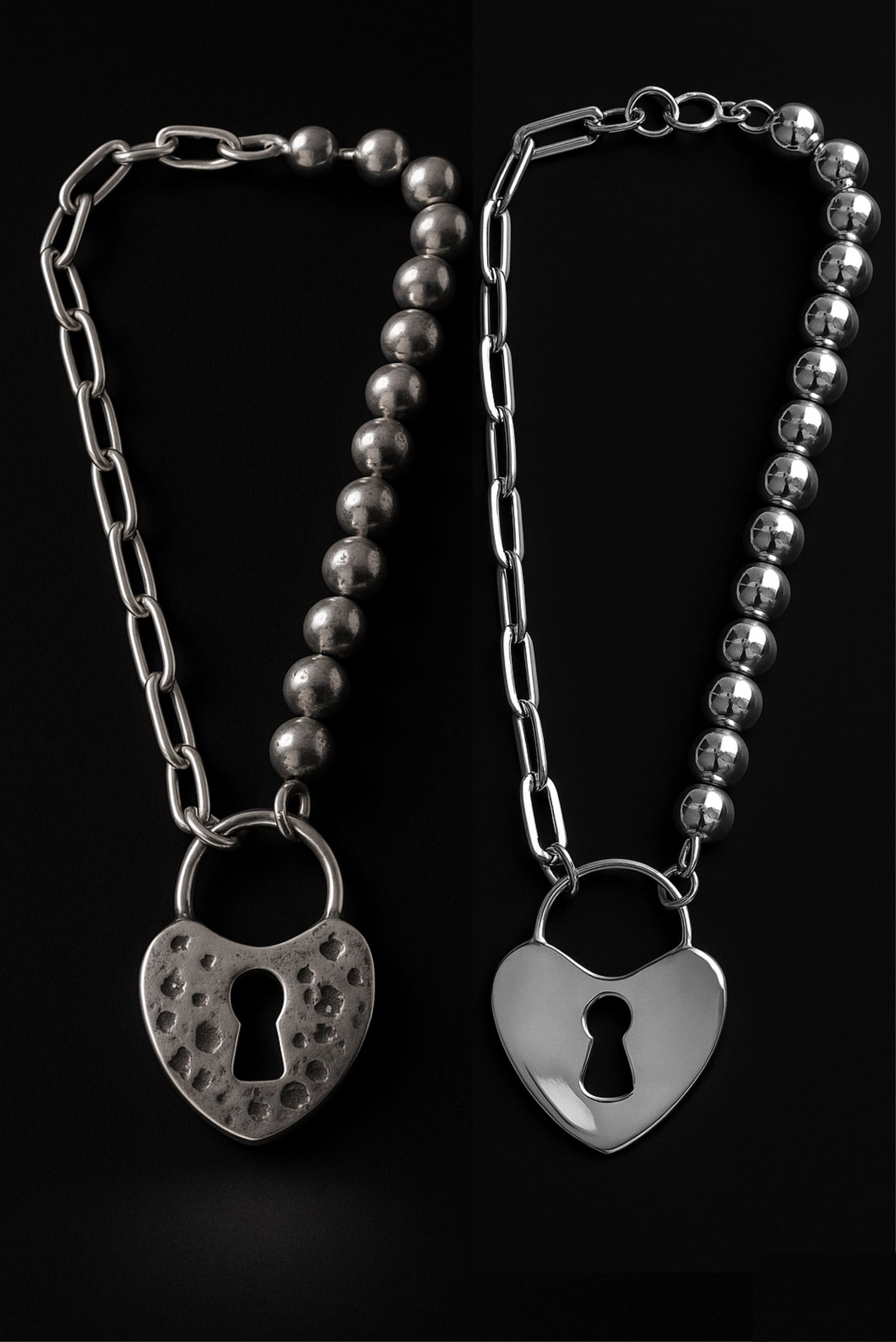 Pulsera LockHeart unisex con perlas y candado de corazón en plata esterlina, acabado martillado o pulido – Dopamyn